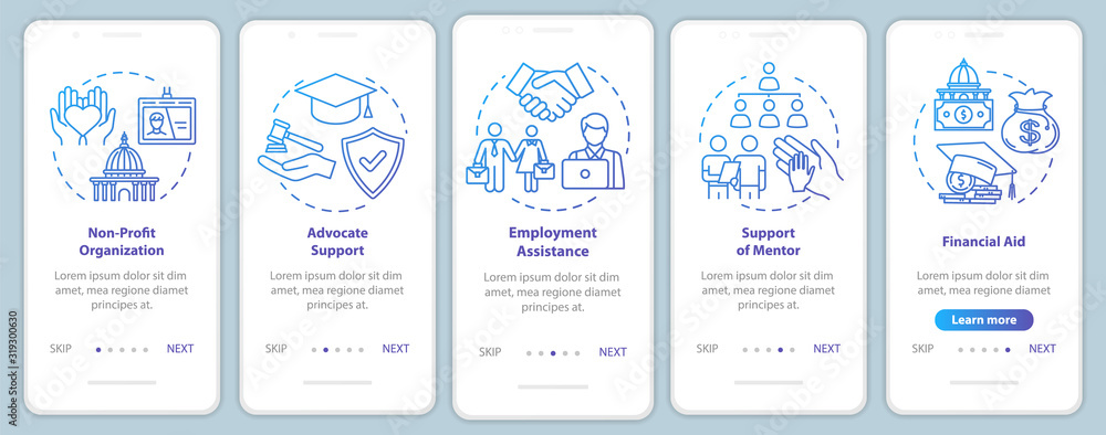 Inclusive society onboarding mobile app page screen with concepts. Social and financial support walkthrough five steps graphic instructions. UI vector template with RGB color illustrations