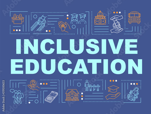 Inclusive education word concepts banner. Universal college program. Handicapped people. Infographics with linear icons on blue background. Isolated typography. Vector outline RGB color illustration
