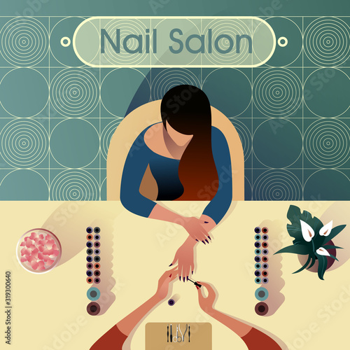 Girl makes a manicure in a nail salon, modern city life illustration. Top view vector mockup for a layout landing page or design advertising banner.