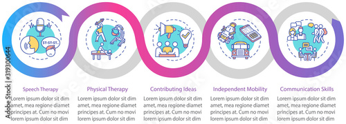 Inclusive education vector infographic template. Physiotherapy. Mobility presentation design elements. Data visualization with 5 steps. Process timeline chart. Workflow layout with linear icons
