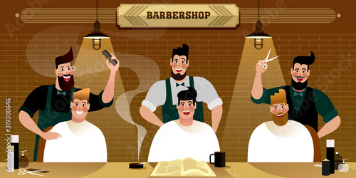 Men's Barber Shop, Hipster city life illustration. Flat vector art.