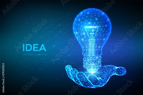 Idea. Low polygonal Lamp in hand. Lightbulb low poly design with connecting dots. Idea with geometry triangle. Abstract lamp bulb. Internet technology icon network concept. Vector illustration.
