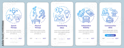 Inclusive program onboarding mobile app page screen with concepts. Therapy and inclusion in public life walkthrough five steps graphic instructions. UI vector template with RGB color illustrations