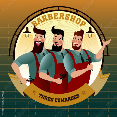 Barbershop Three Comrades. Flat vector logo mockup for a layout landing page or design advertising banner.