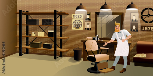 Hairdresser at the loft barbershop. hipster city life illustration. Flat vector mockup for a layout landing page or design advertising banner.