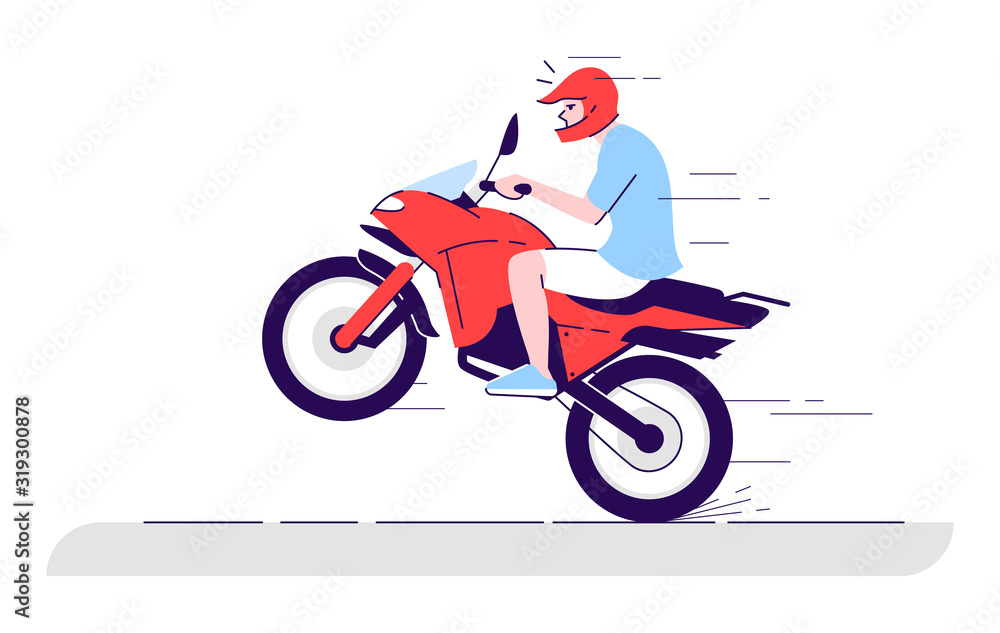 Man on motorbike flat doodle illustration. Extreme bike riding. Local transport means. Guy doing motobike stunt. Indonesia tourism 2D cartoon character with outline for commercial use Man on motorbike flat doodle illustration. Extreme bike riding. Local transport means. Guy doing motobike stunt. Indonesia tourism 2D cartoon character with outline for commercial use