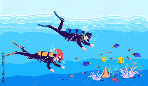 Couple of divers flat doodle illustration. People swimming underwater. Water activity. Extreme sports. Marine life observation. Indonesia tourism 2D cartoon character with outline for commercial use
