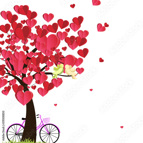 illustration of love and valentine day, love birds sit on a branch with pink bike and a tree made out of hearts. paper art and digital craft style.