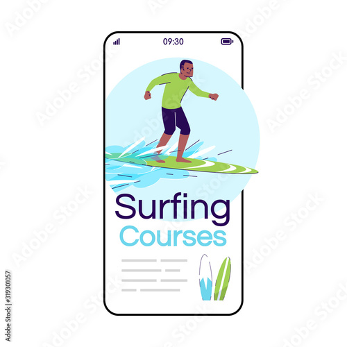 Surfing courses cartoon smartphone vector app screen. Man on surfboard. Water activity. Indonesia tourism. Mobile phone display with flat character design mockup. Application telephone cute interface