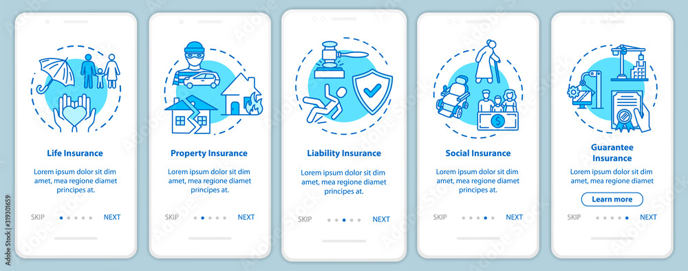 Liability insurance onboarding mobile app page screen with concepts. Social assurance. Policy plan walkthrough 5 steps graphic instructions. UI vector template with RGB color illustrations