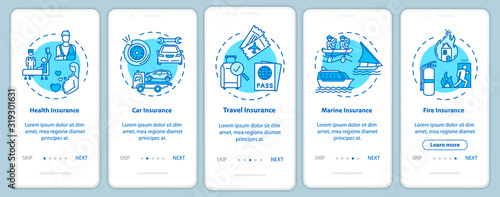 Healthcare plan onboarding mobile app page screen with concepts. Protection for traveling. Life insurance walkthrough 5 steps graphic instructions. UI vector template with RGB color illustrations