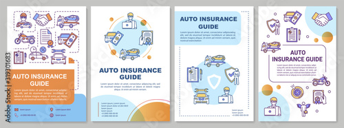 Auto insurance guide brochure template. Damaged property expense. Flyer, booklet, leaflet print, cover design with linear icons. Vector layouts for magazines, annual reports, advertising posters