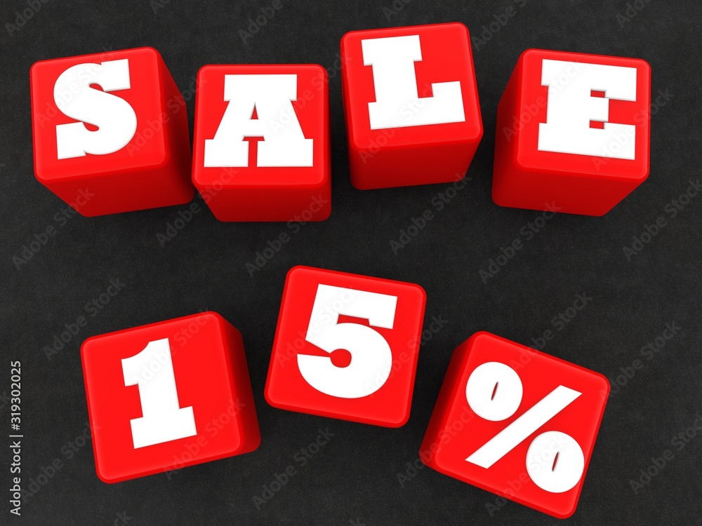 Red toy cubes with 15% discount on asphalt background Red toy cubes with 15% discount on asphalt background