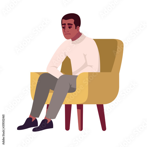 Man in armchair semi flat RGB color vector illustration. Guy feeling uncomfrotable. Pensive person on chair. Interviewee. Psychology consultation. Isolated cartoon character on white background