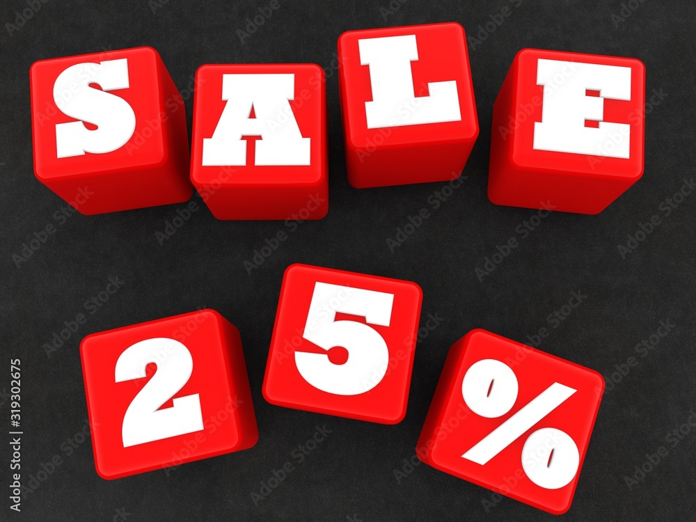 Red toy cubes with 25% discount on asphalt background Red toy cubes with 25% discount on asphalt background