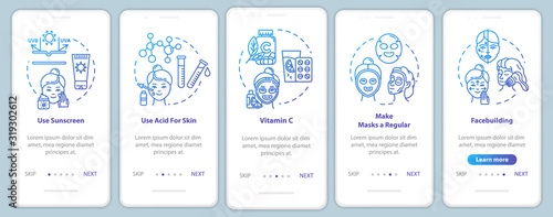 Skicare onboarding mobile app page screen with concepts. Facebuilding, regular facial masks. Cosmetology walkthrough 5 steps graphic instructions. UI vector template with RGB color illustrations