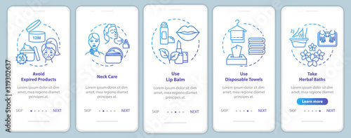 Skicare onboarding mobile app page screen with concepts. Cosmetic products. Cosmetology and beauty walkthrough 5 steps graphic instructions. UI vector template with RGB color illustrations