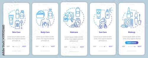 Skicare onboarding mobile app page screen with concepts. Suncare and bodycare. Dermatology walkthrough 5 steps graphic instructions. UI vector template with RGB color illustrations