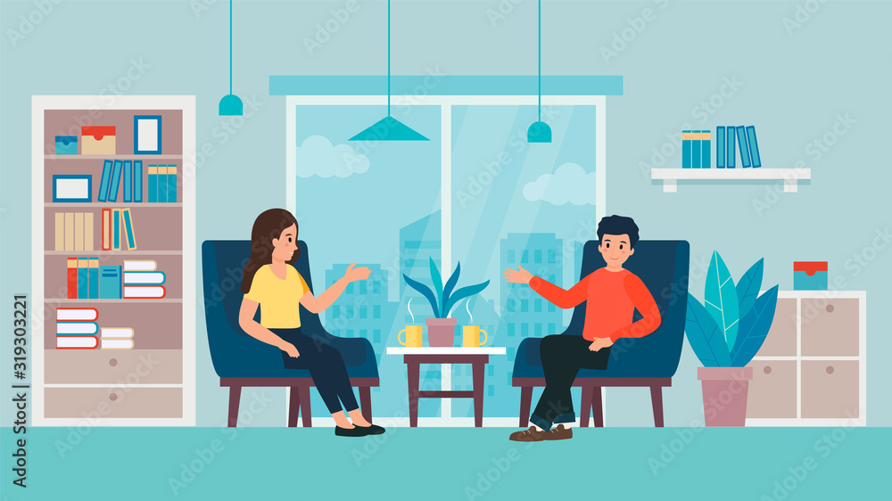 Young Couple is Discussing in a Living Room. Man and Woman Sit and Talk on against Each Other in the Home Atmosphere With Beautiful Cityscape. Flat Cartoon Style. Vector Illustration