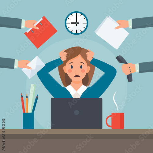 Stressed Multitasking Business Woman at Workplace. A Lot Of Things To Do In One Moment. Cartoon Flat Style. Vector illustration