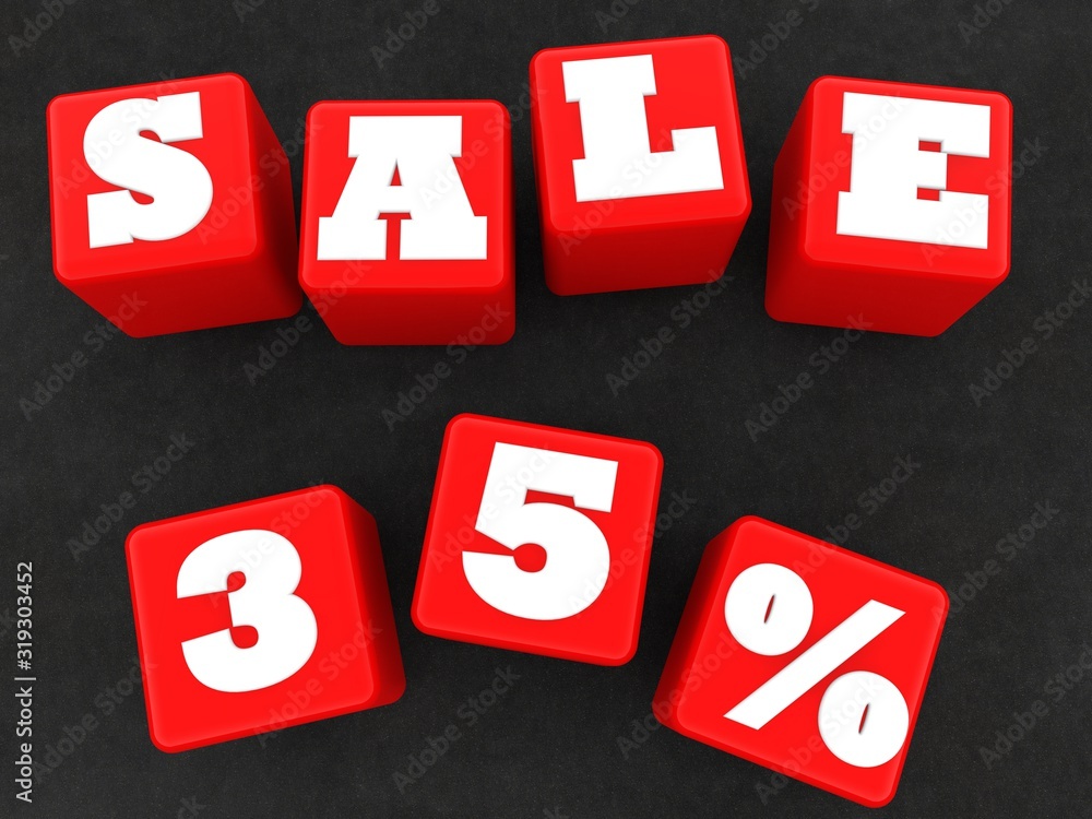Red toy cubes with 35% discount on asphalt background Red toy cubes with 35% discount on asphalt background