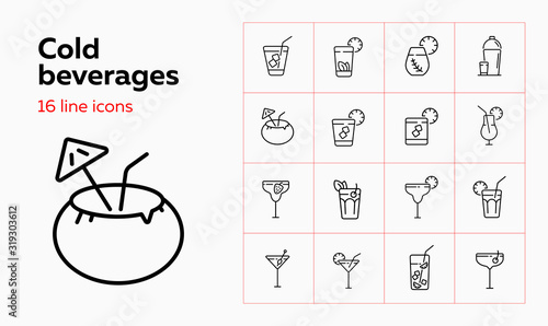 Cold beverages line icon set. Cuba Libre, lemonade, ice tea. Drink concept. Can be used for topics like bar, cocktail menu, party