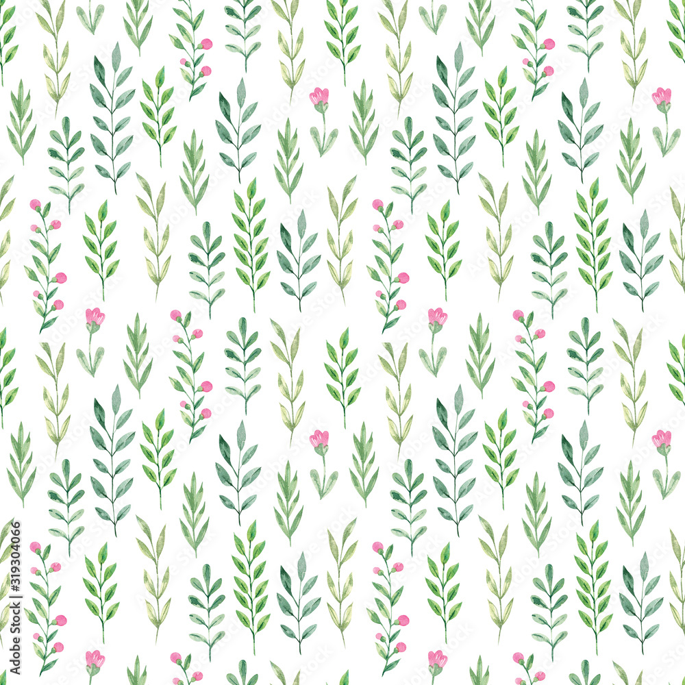 Spring seamless pattern with hand drawn watercolor green branches and flowers. Isolated illustration Spring seamless pattern with hand drawn watercolor green branches and flowers. Isolated illustration