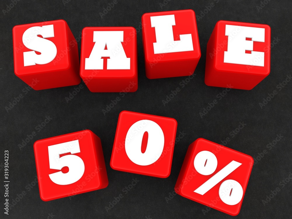 Red toy cubes with 50% discount on asphalt background Red toy cubes with 50% discount on asphalt background