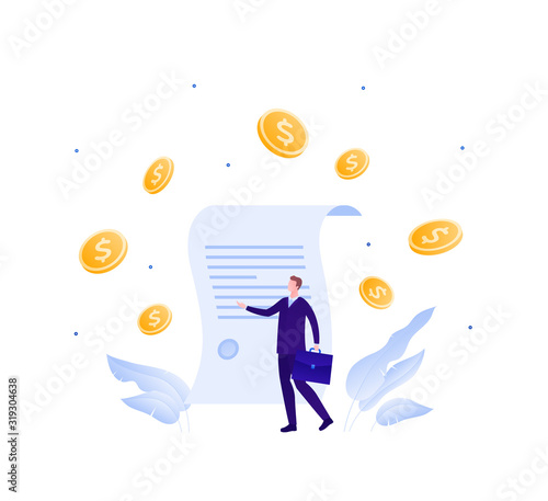 Business contract and success concept. Vector flat person illustration. Businessman in suit with suitcase with paper and money fall sign. Design element for banner, poster, web background, infographic