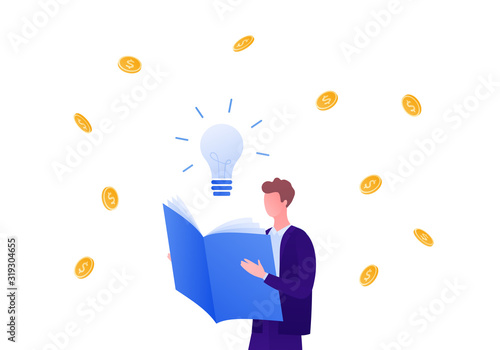Business education and success concept. Vector flat person illustration. Businessman with open book standing in money rain with idea light bulb sign. Design element for banner, background, infographic