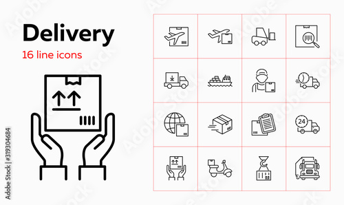 Delivery line icon set. Courier, ship, truck. Shipment concept. Can be used for topics like cargo, mailing, postal service