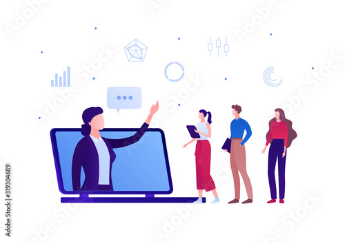 Online business education concept. Vector flat person illustration. Female proffesor in suit at laptop computer screen and student team. Design element for banner, poster, infographic, background