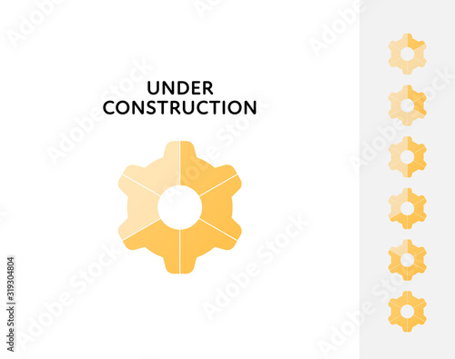 Gear wheel progress animation element set. Vector flat illustration. Yellow gradient circel cogwheel on white background. Design element for web under construction site, app loader.
