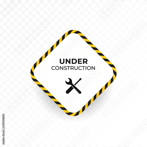 Under construction symbol. Vector flat illustration. Black and yellow rhombus sign with text and spanner with screwdriver icon on transparent background. Design element for banner, poster, web page.
