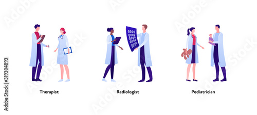 Medical profession people set. Vector flat person illustration. Group of male and female therapist, pediatrician and radiologist doctor in lab coat. Design element for banner, poster, background.