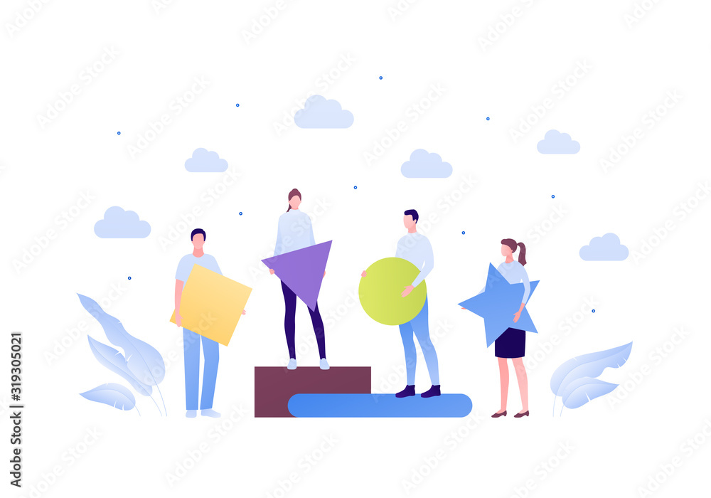 Business organization people teamwork concept. Vector flat person illustration. Group of people standing with abstract shapes in hand. Design element for banner, poster, background, print. Business organization people teamwork concept. Vector flat person illustration. Group of people standing with abstract shapes in hand. Design element for banner, poster, background, print.