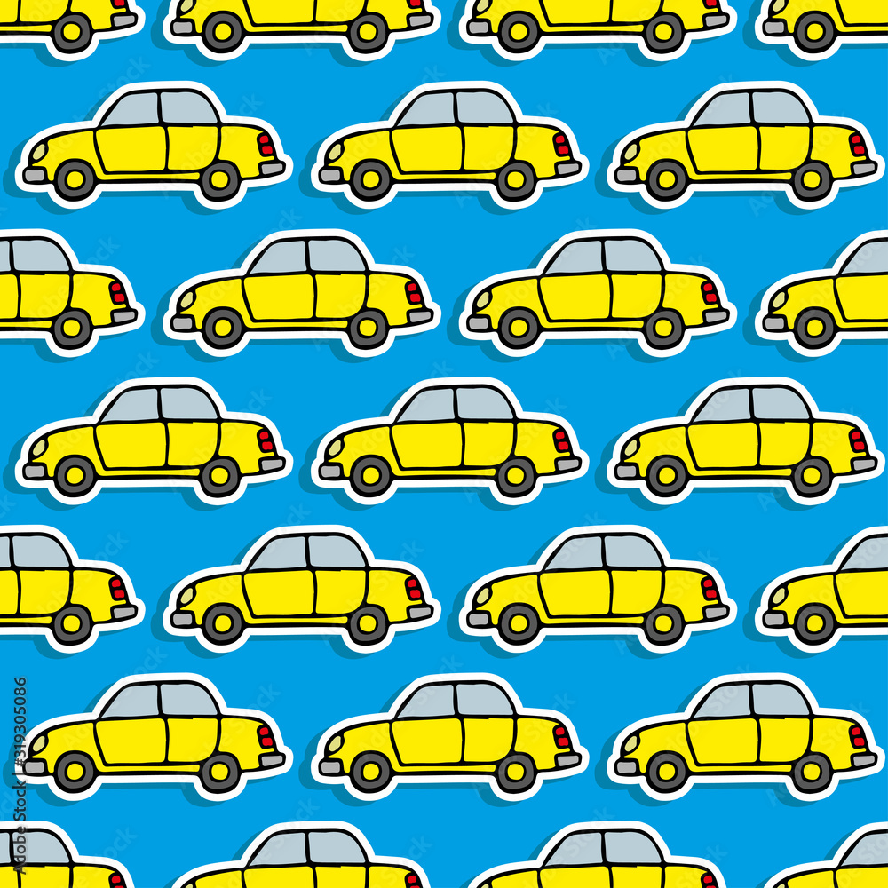 Yellow bright cartoon cars on a blue background. Seamless pattern. Side view. Vector hand drawing. Texture.