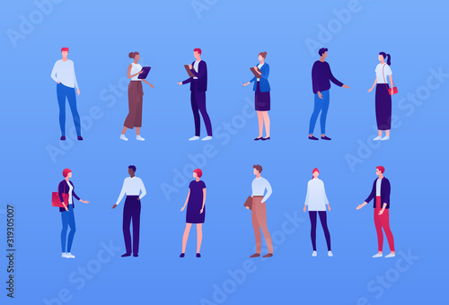 Business diverse ethnic team concept. Vector flat person illustration set. Employee people in suit and casual cloth standing collection. Design element for banner, infographic poster, web background