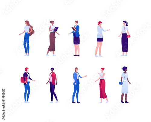 Business and casual work fashion female concept. Vector flat person illustration set. Women of different ethnic standing on white. Design element for banner  infographic poster  web background