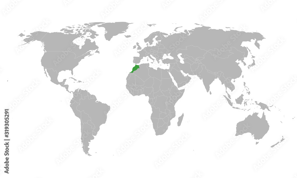 Morocco highlighted green on world political map. Gray background.