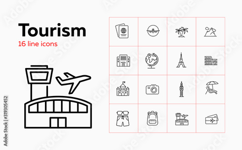 Tourism icons. Set of line icons. Globe, landmark, airplane. City travel concept. Vector illustration can be used for topics like tourism, vacations, places