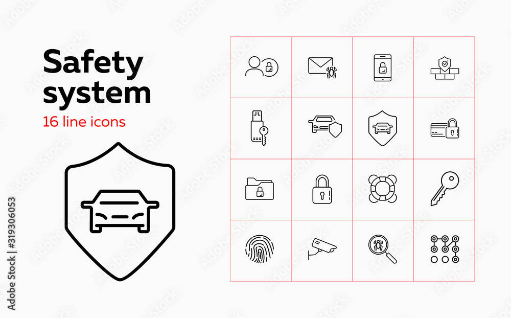 Safety system line icon set. Car, shield, lock, key, spider. Protection concept. Can be used for topics like antivirus, car alarm system, credit card security Safety system line icon set. Car, shield, lock, key, spider. Protection concept. Can be used for topics like antivirus, car alarm system, credit card security
