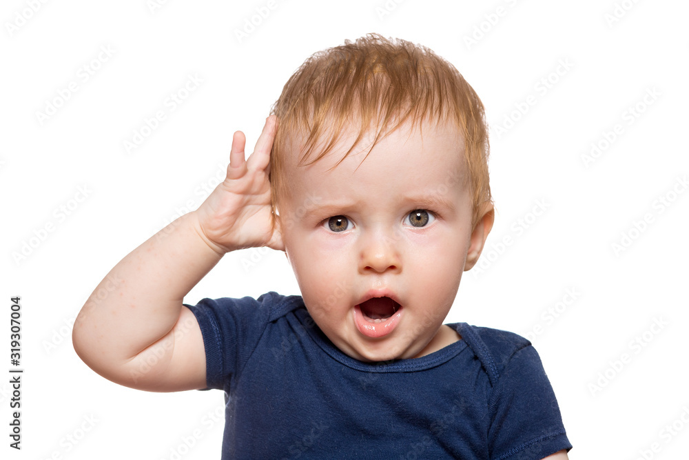 portrait of a child with sensations on his face, with surprise, his mouth is open and his hand is put to his head, a white-skinned Toddler in blue clothes isolated on a white background. portrait of a child with sensations on his face, with surprise, his mouth is open and his hand is put to his head, a white-skinned Toddler in blue clothes isolated on a white background.
