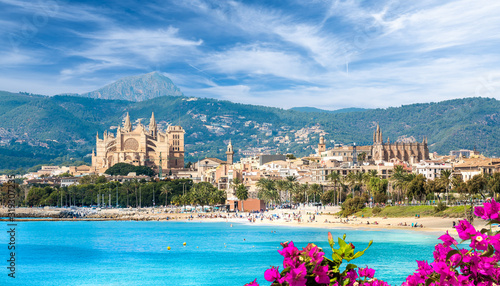 Landscape with beach and Palma de Mallorca town, Spain photo