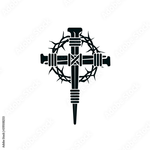 image of jesus nail cross with thorn crown isolated on white background