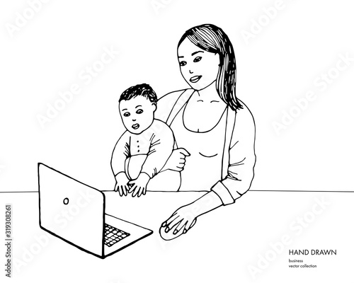 Hand drawn sketch of young mom working on laptop holding her baby boy. Mother with baby son studying. Black line illustration on white background
