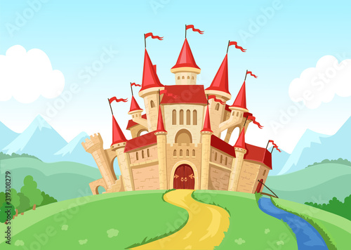 Fairytale castle illustration Fantasy landscape with fairy kingdom medieval house