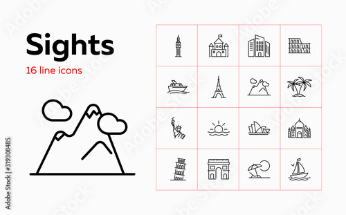 Sights line icon set. Paris, London, New York. Tourism concept. Can be used for topics like vacation, travel, sightseeing