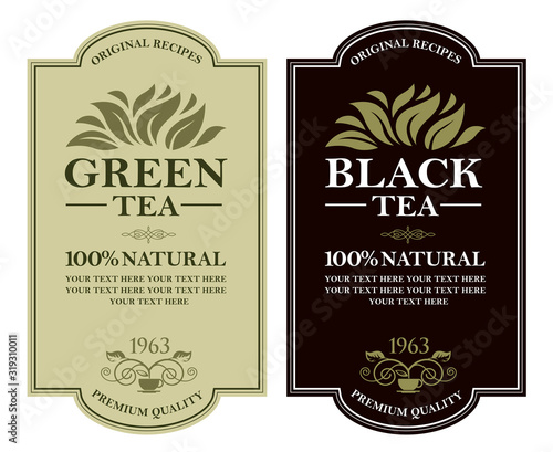 collection of green and black tea labels with leaves and cup