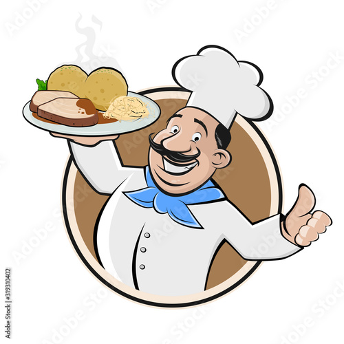 cartoon sign of a chef with German dish schweinebraten